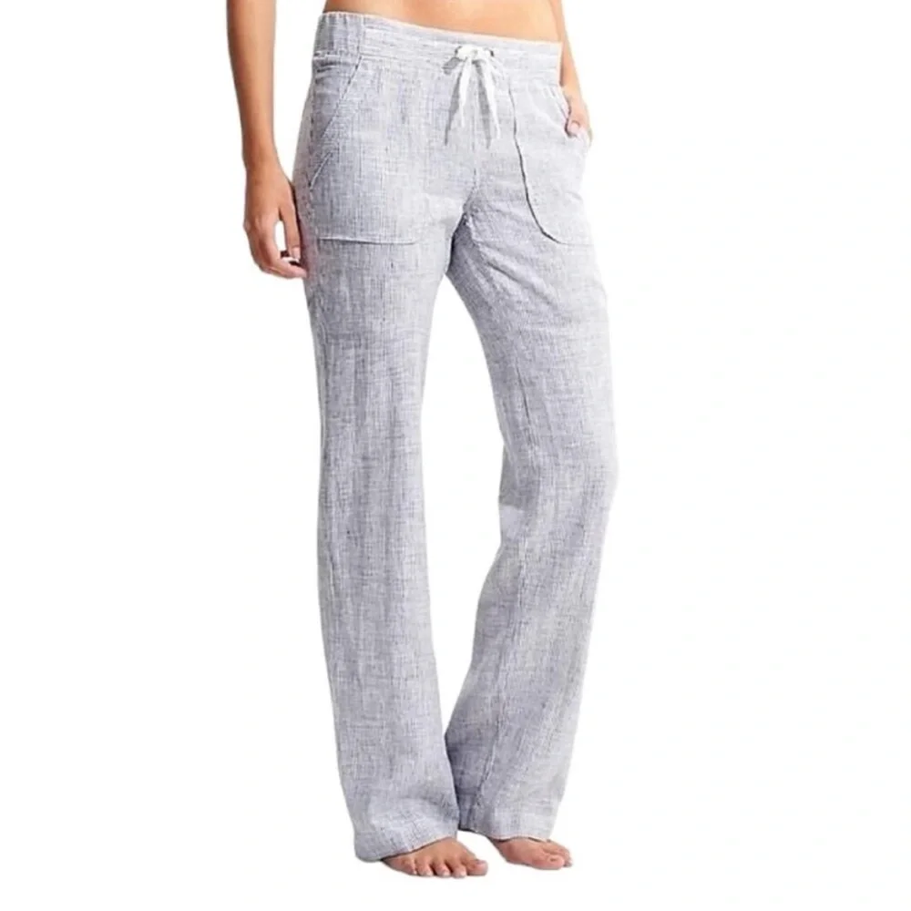 Athleta Pants Wide Leg Linen Bali Trouser Drawstring Stripe 100% Linen - Picture 1 of 10